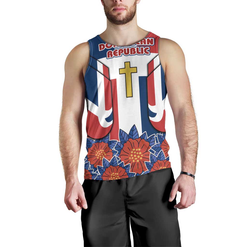 Dominican Republic Flag Men Tank Top with Cross and Floral Design Red Blue Pattern - Wonder Print Shop
