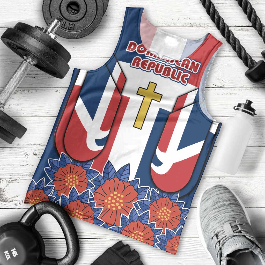Dominican Republic Flag Men Tank Top with Cross and Floral Design Red Blue Pattern - Wonder Print Shop