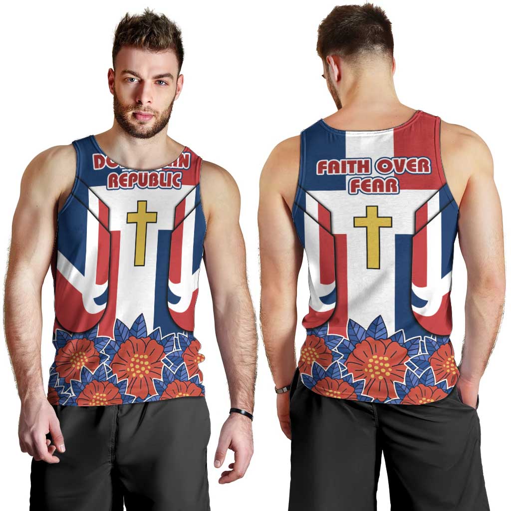 Dominican Republic Flag Men Tank Top with Cross and Floral Design Red Blue Pattern - Wonder Print Shop