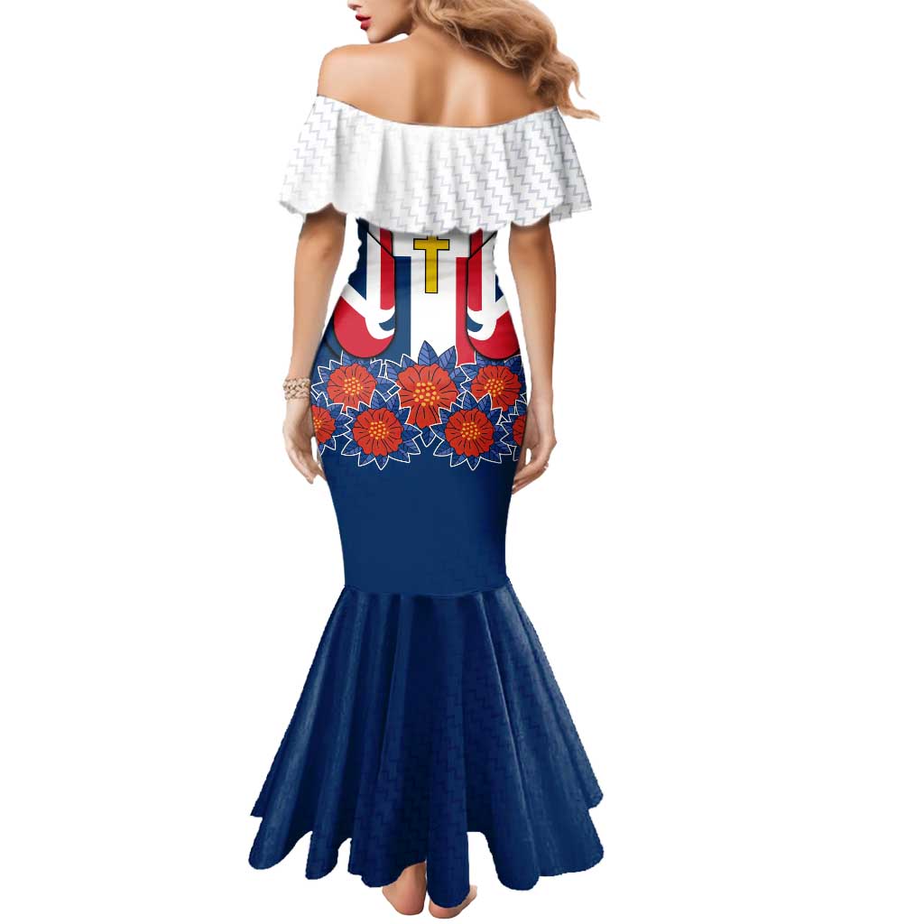 Dominican Republic Flag Mermaid Dress with Cross and Floral Design Red Blue Pattern - Wonder Print Shop