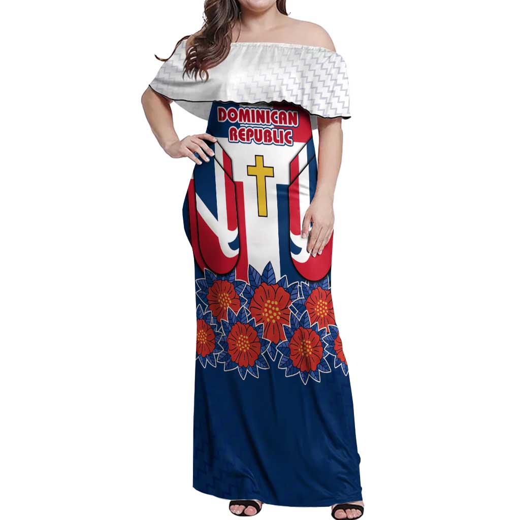 Dominican Republic Flag Off Shoulder Maxi Dress with Cross and Floral Design Red Blue Pattern - Wonder Print Shop