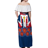 Dominican Republic Flag Off Shoulder Maxi Dress with Cross and Floral Design Red Blue Pattern - Wonder Print Shop