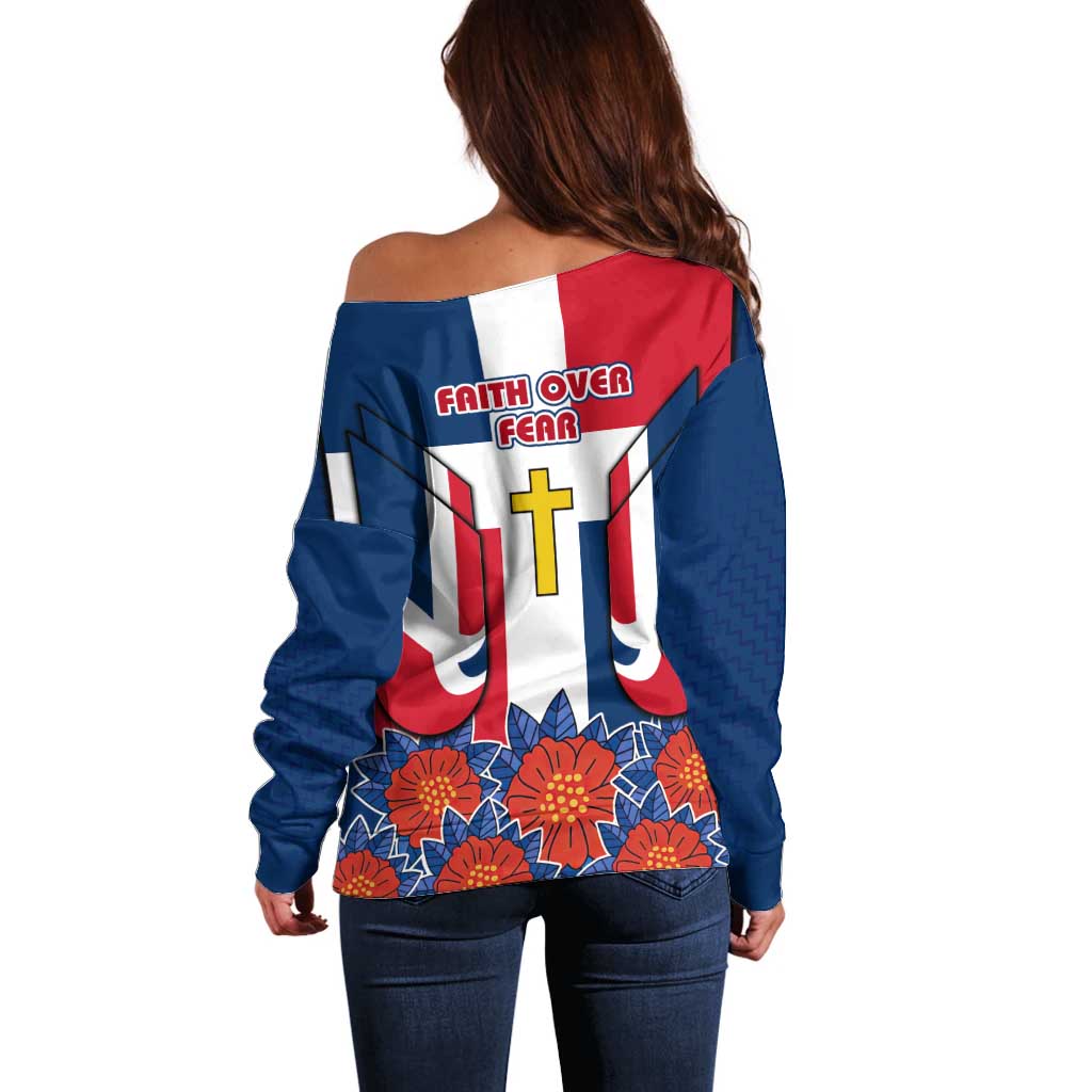 Dominican Republic Flag Off Shoulder Sweater with Cross and Floral Design Red Blue Pattern - Wonder Print Shop