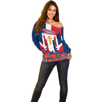 Dominican Republic Flag Off Shoulder Sweater with Cross and Floral Design Red Blue Pattern - Wonder Print Shop