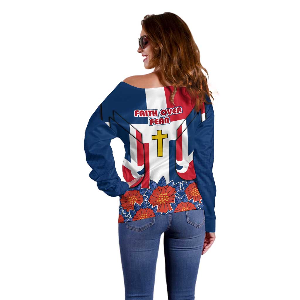 Dominican Republic Flag Off Shoulder Sweater with Cross and Floral Design Red Blue Pattern - Wonder Print Shop