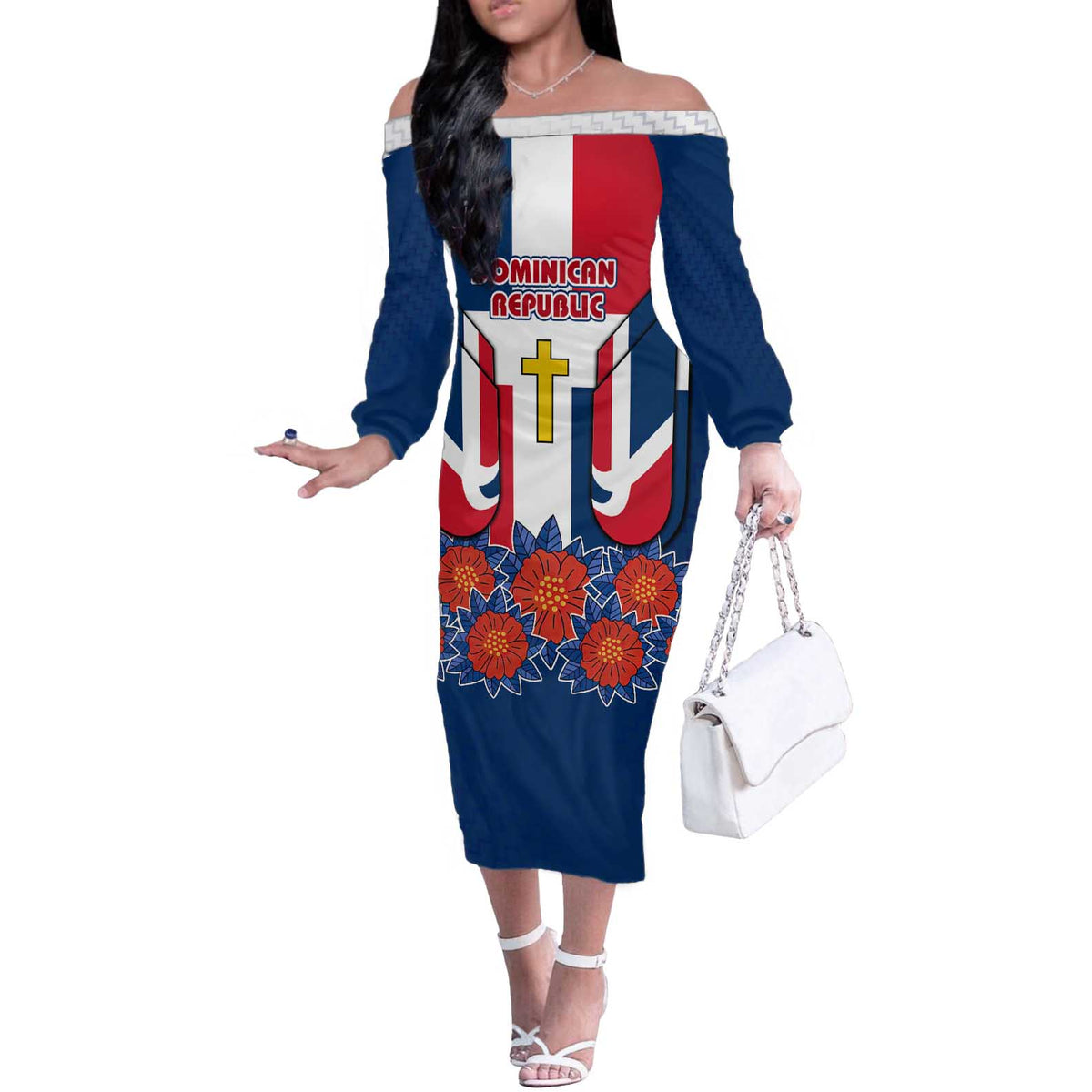 Dominican Republic Flag Off The Shoulder Long Sleeve Dress with Cross and Floral Design Red Blue Pattern - Wonder Print Shop