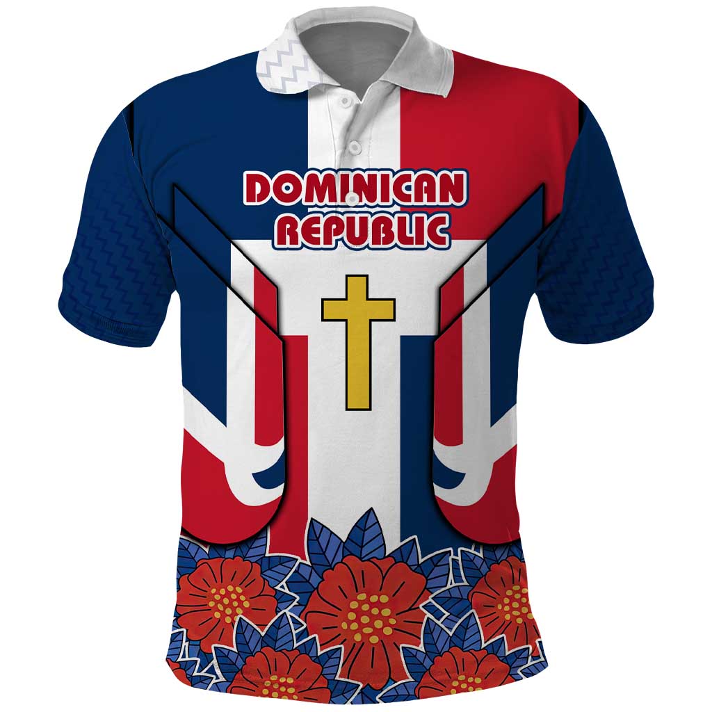 Dominican Republic Flag Polo Shirt with Cross and Floral Design Red Blue Pattern - Wonder Print Shop