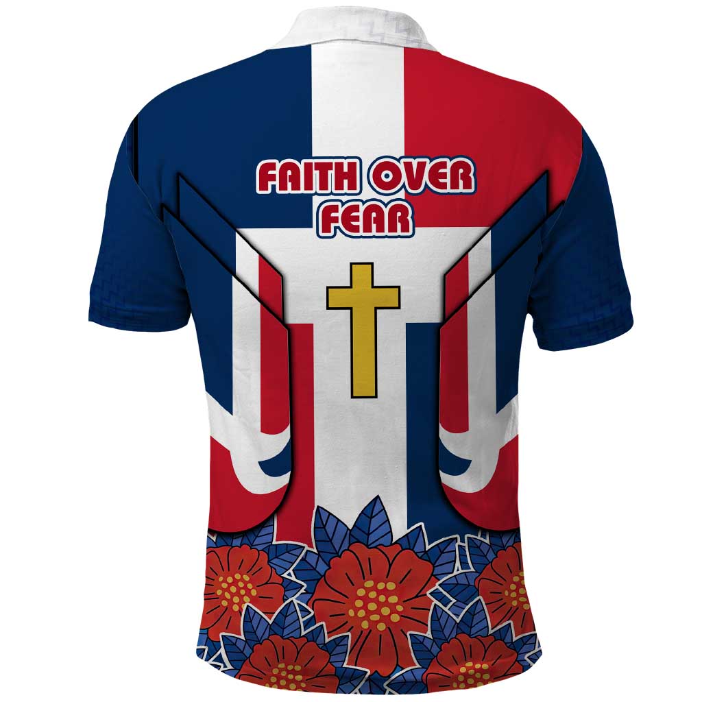 Dominican Republic Flag Polo Shirt with Cross and Floral Design Red Blue Pattern - Wonder Print Shop