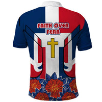 Dominican Republic Flag Polo Shirt with Cross and Floral Design Red Blue Pattern - Wonder Print Shop