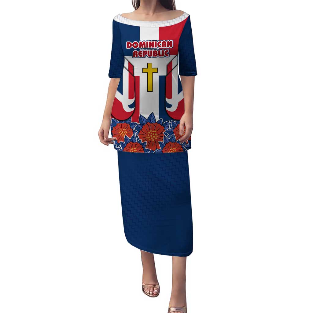 Dominican Republic Flag Puletasi with Cross and Floral Design Red Blue Pattern - Wonder Print Shop