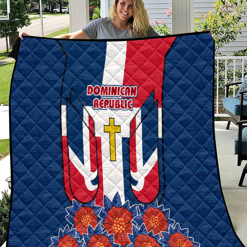 Dominican Republic Flag Quilt with Cross and Floral Design Red Blue Pattern - Wonder Print Shop