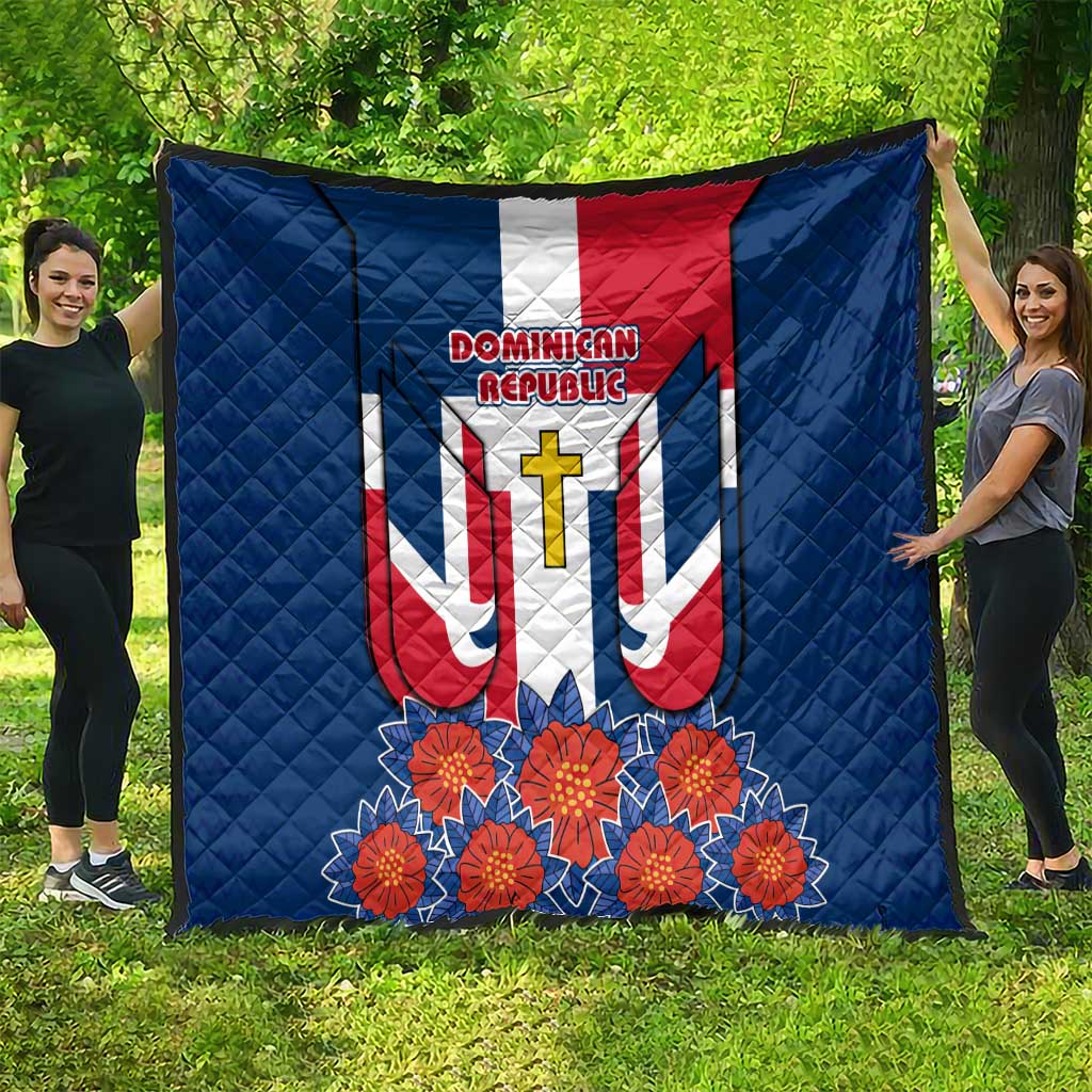 Dominican Republic Flag Quilt with Cross and Floral Design Red Blue Pattern - Wonder Print Shop