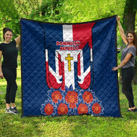 Dominican Republic Flag Quilt with Cross and Floral Design Red Blue Pattern - Wonder Print Shop