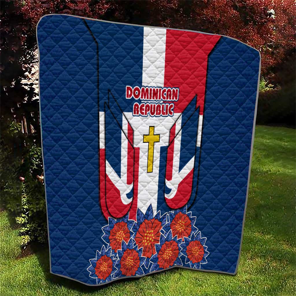 Dominican Republic Flag Quilt with Cross and Floral Design Red Blue Pattern - Wonder Print Shop