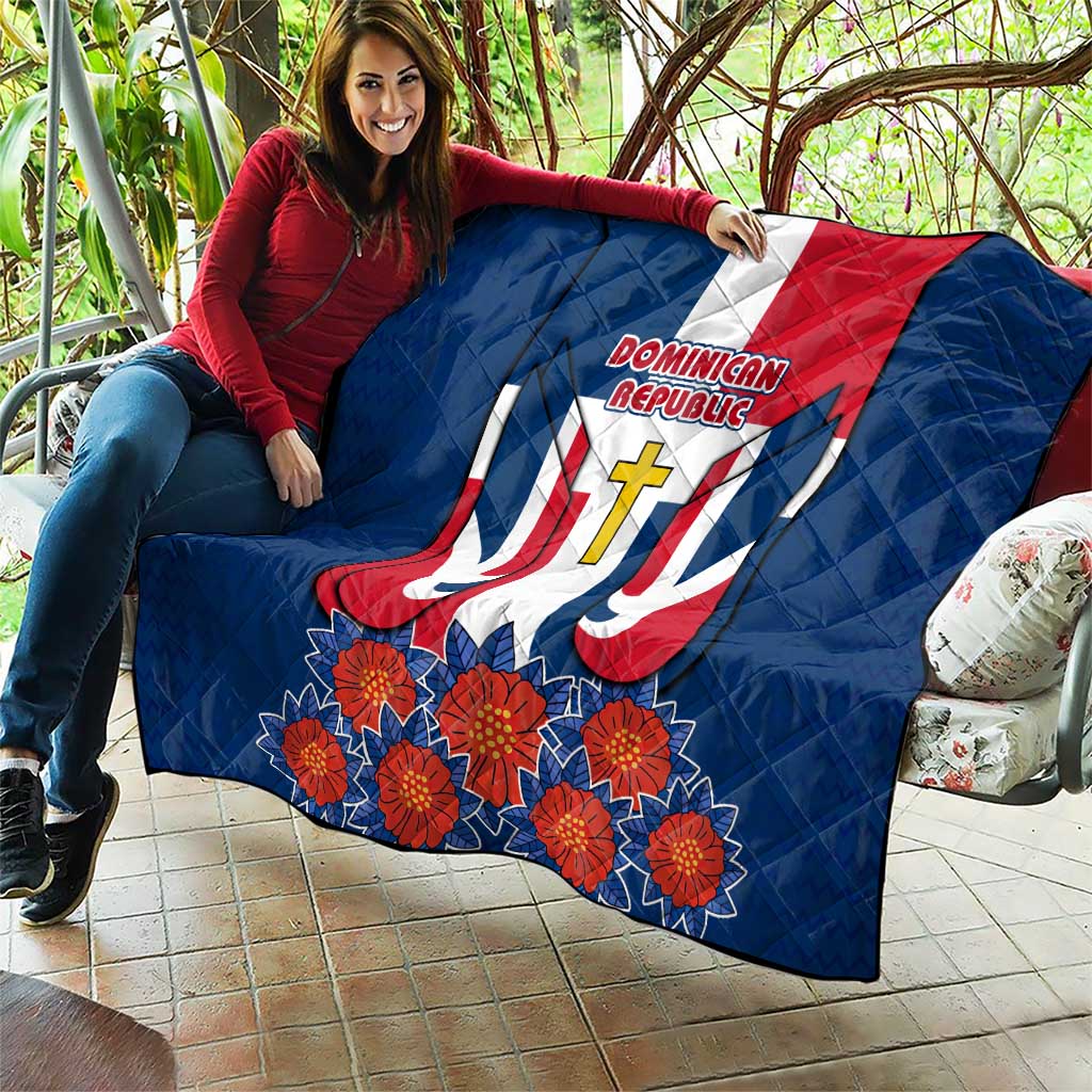 Dominican Republic Flag Quilt with Cross and Floral Design Red Blue Pattern - Wonder Print Shop