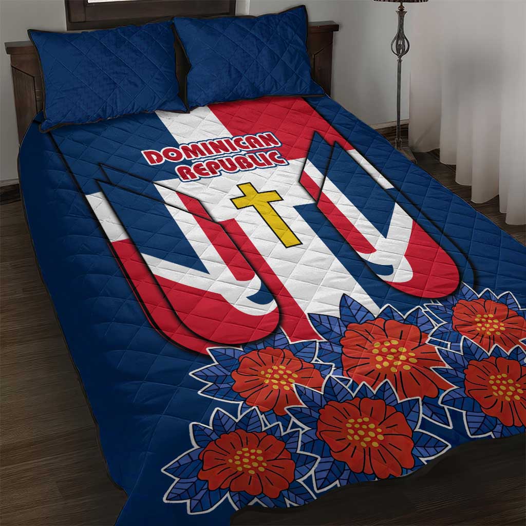 Dominican Republic Flag Quilt Bed Set with Cross and Floral Design Red Blue Pattern - Wonder Print Shop