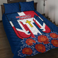 Dominican Republic Flag Quilt Bed Set with Cross and Floral Design Red Blue Pattern - Wonder Print Shop