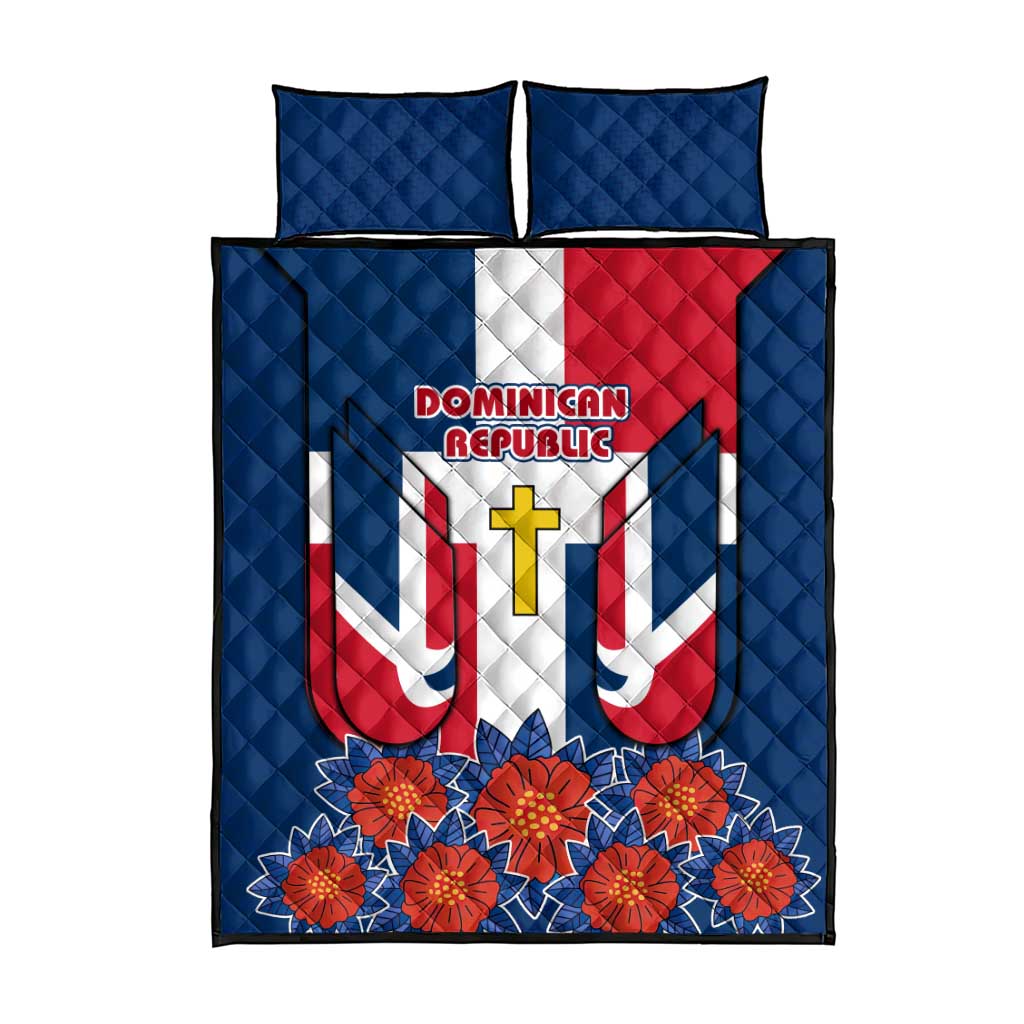 Dominican Republic Flag Quilt Bed Set with Cross and Floral Design Red Blue Pattern - Wonder Print Shop