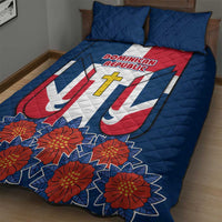 Dominican Republic Flag Quilt Bed Set with Cross and Floral Design Red Blue Pattern - Wonder Print Shop