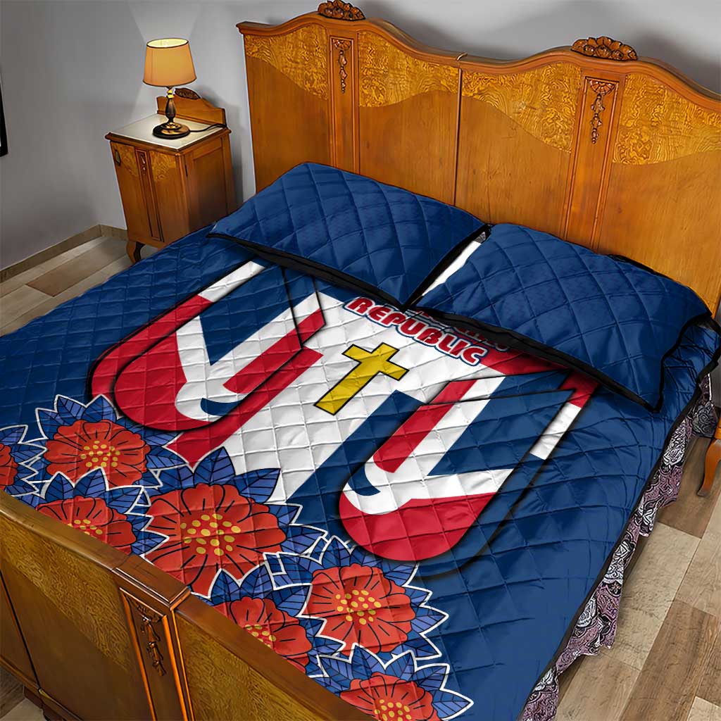 Dominican Republic Flag Quilt Bed Set with Cross and Floral Design Red Blue Pattern - Wonder Print Shop