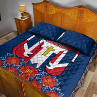 Dominican Republic Flag Quilt Bed Set with Cross and Floral Design Red Blue Pattern - Wonder Print Shop