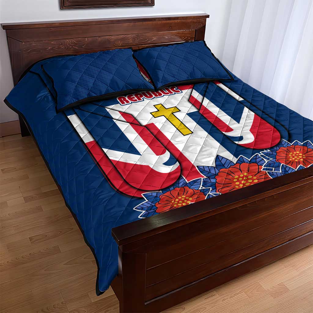 Dominican Republic Flag Quilt Bed Set with Cross and Floral Design Red Blue Pattern - Wonder Print Shop