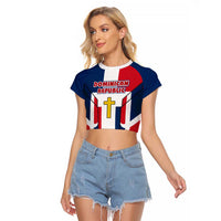 Dominican Republic Flag Raglan Cropped T Shirt with Cross and Floral Design Red Blue Pattern - Wonder Print Shop