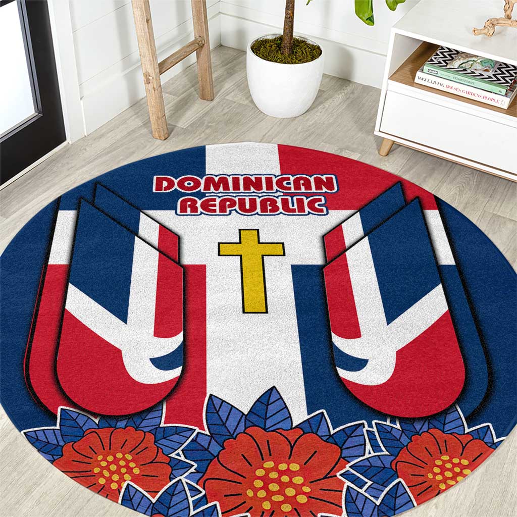 Dominican Republic Flag Round Carpet with Cross and Floral Design Red Blue Pattern - Wonder Print Shop