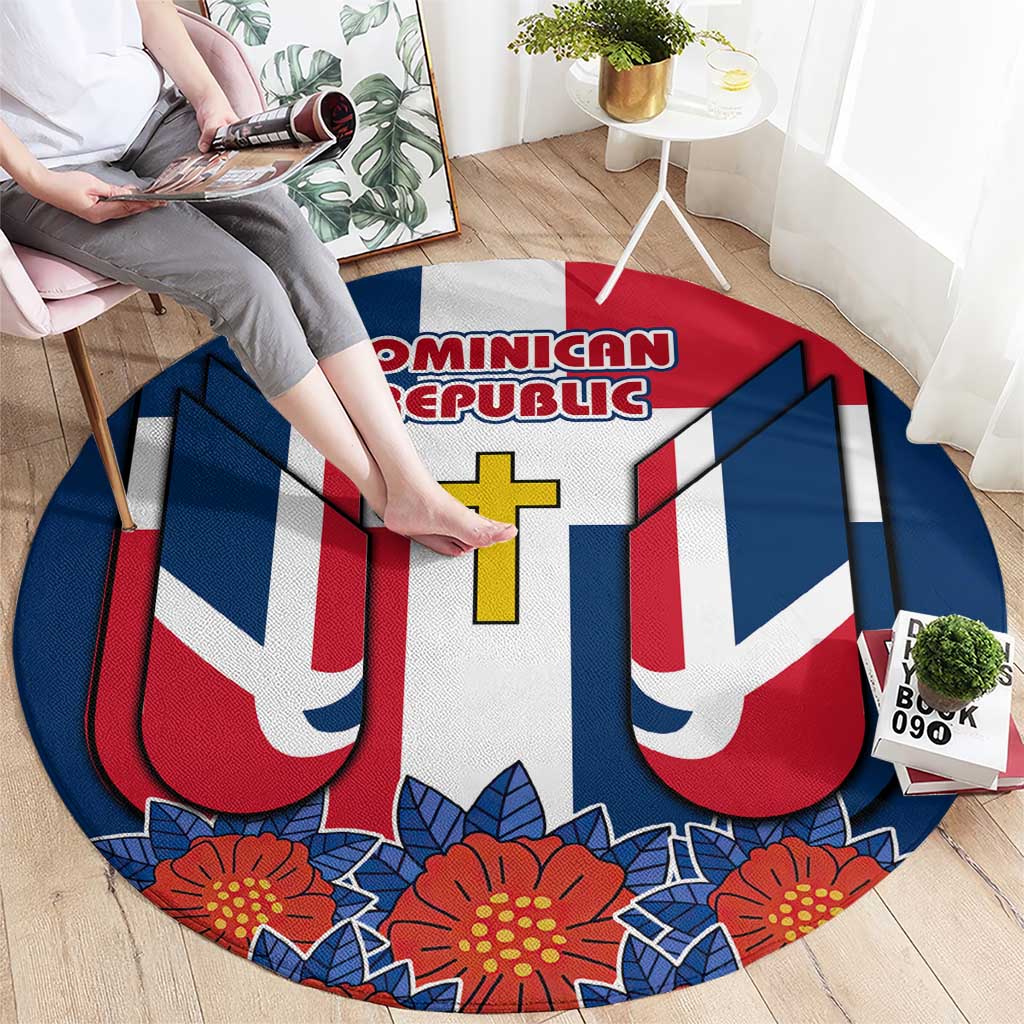 Dominican Republic Flag Round Carpet with Cross and Floral Design Red Blue Pattern - Wonder Print Shop