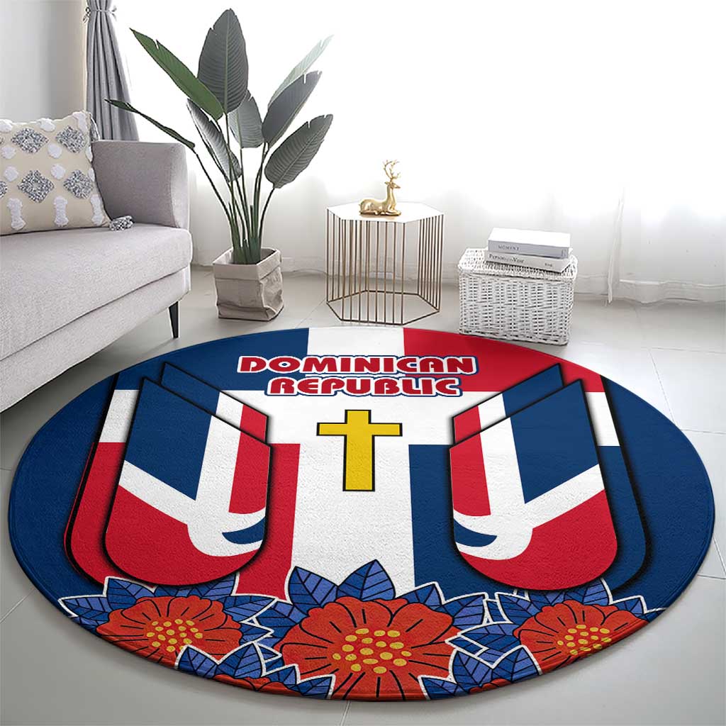 Dominican Republic Flag Round Carpet with Cross and Floral Design Red Blue Pattern - Wonder Print Shop