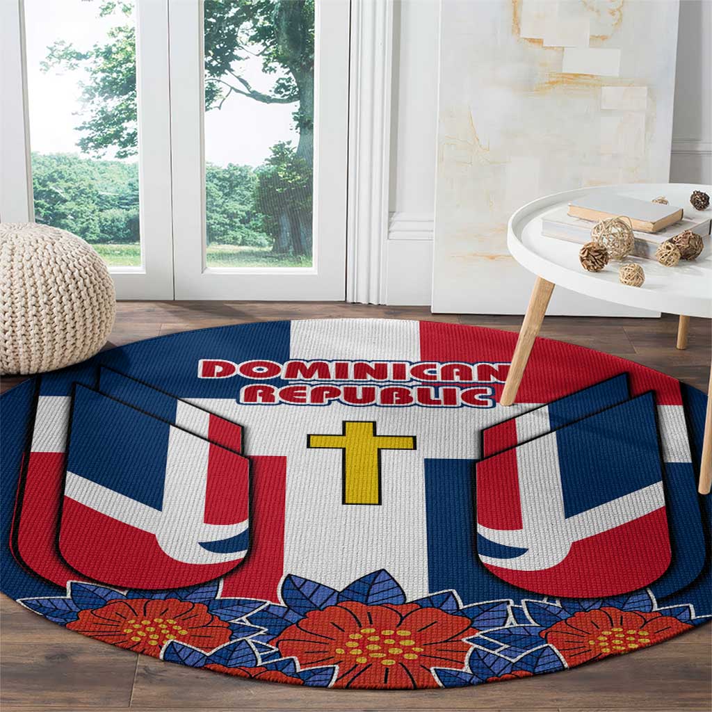 Dominican Republic Flag Round Carpet with Cross and Floral Design Red Blue Pattern - Wonder Print Shop