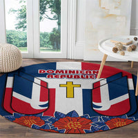Dominican Republic Flag Round Carpet with Cross and Floral Design Red Blue Pattern - Wonder Print Shop
