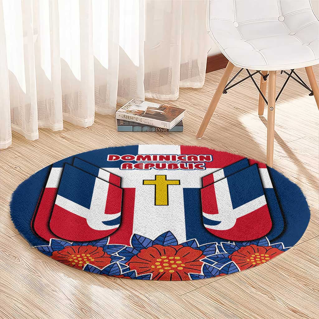 Dominican Republic Flag Round Carpet with Cross and Floral Design Red Blue Pattern - Wonder Print Shop