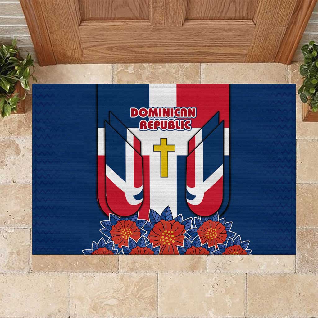 Dominican Republic Flag Rubber Doormat with Cross and Floral Design Red Blue Pattern - Wonder Print Shop