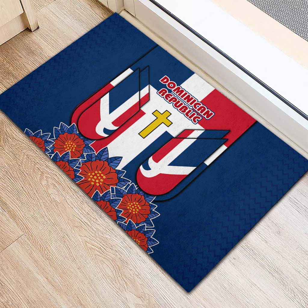 Dominican Republic Flag Rubber Doormat with Cross and Floral Design Red Blue Pattern - Wonder Print Shop