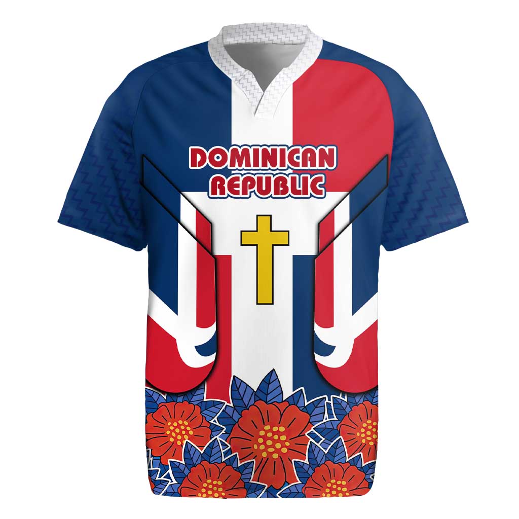Dominican Republic Flag Rugby Jersey with Cross and Floral Design Red Blue Pattern - Wonder Print Shop