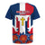 Dominican Republic Flag Rugby Jersey with Cross and Floral Design Red Blue Pattern - Wonder Print Shop