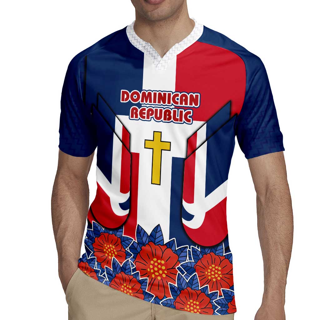 Dominican Republic Flag Rugby Jersey with Cross and Floral Design Red Blue Pattern - Wonder Print Shop