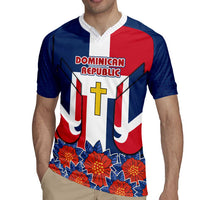 Dominican Republic Flag Rugby Jersey with Cross and Floral Design Red Blue Pattern - Wonder Print Shop