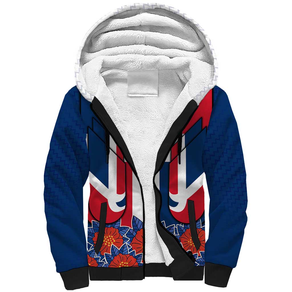 Dominican Republic Flag Sherpa Hoodie with Cross and Floral Design Red Blue Pattern - Wonder Print Shop