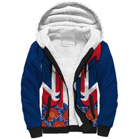 Dominican Republic Flag Sherpa Hoodie with Cross and Floral Design Red Blue Pattern - Wonder Print Shop