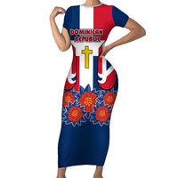 Dominican Republic Flag Short Sleeve Bodycon Dress with Cross and Floral Design Red Blue Pattern - Wonder Print Shop