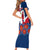 Dominican Republic Flag Short Sleeve Bodycon Dress with Cross and Floral Design Red Blue Pattern - Wonder Print Shop