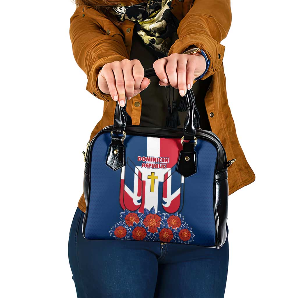 Dominican Republic Flag Shoulder Handbag with Cross and Floral Design Red Blue Pattern - Wonder Print Shop