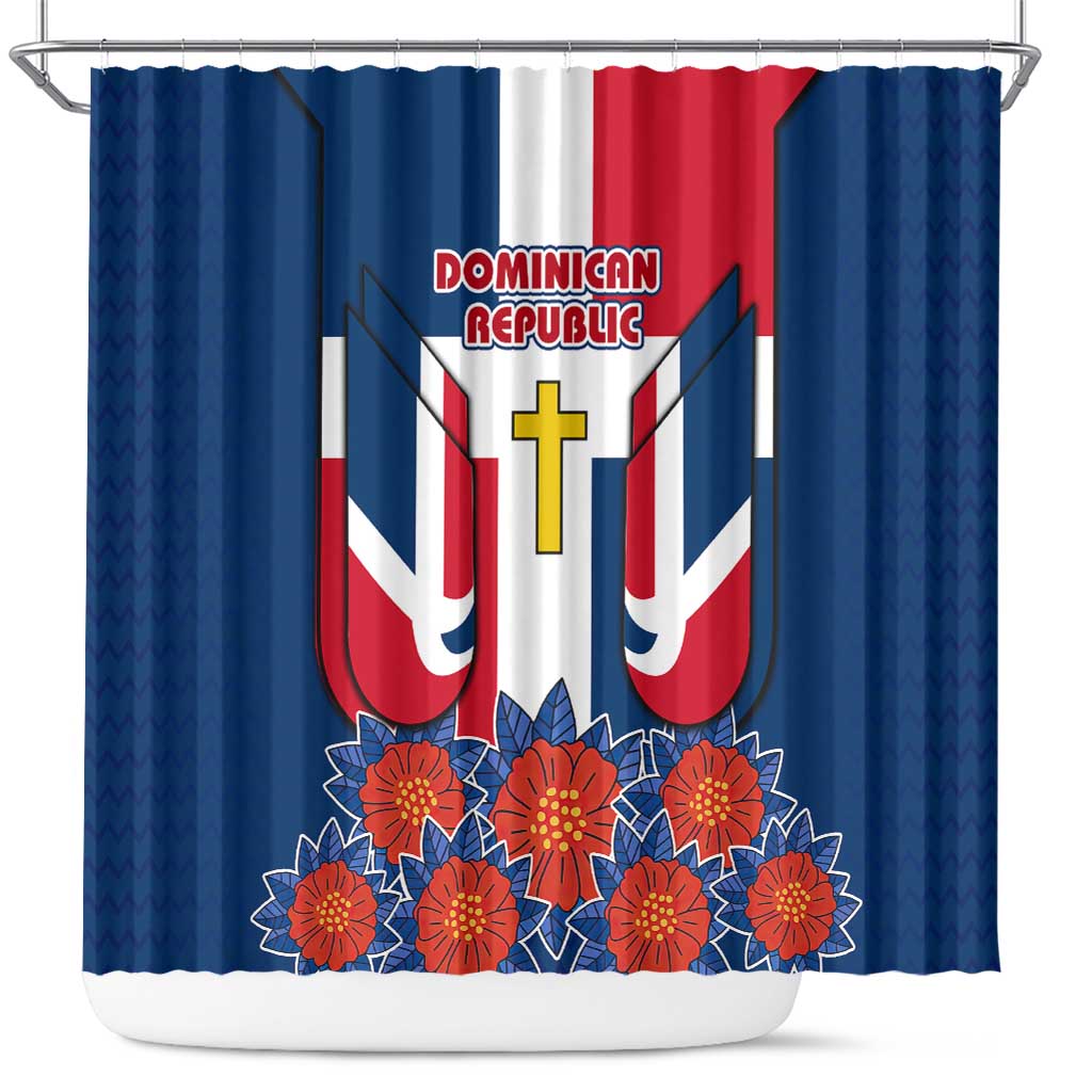 Dominican Republic Flag Shower Curtain with Cross and Floral Design Red Blue Pattern - Wonder Print Shop