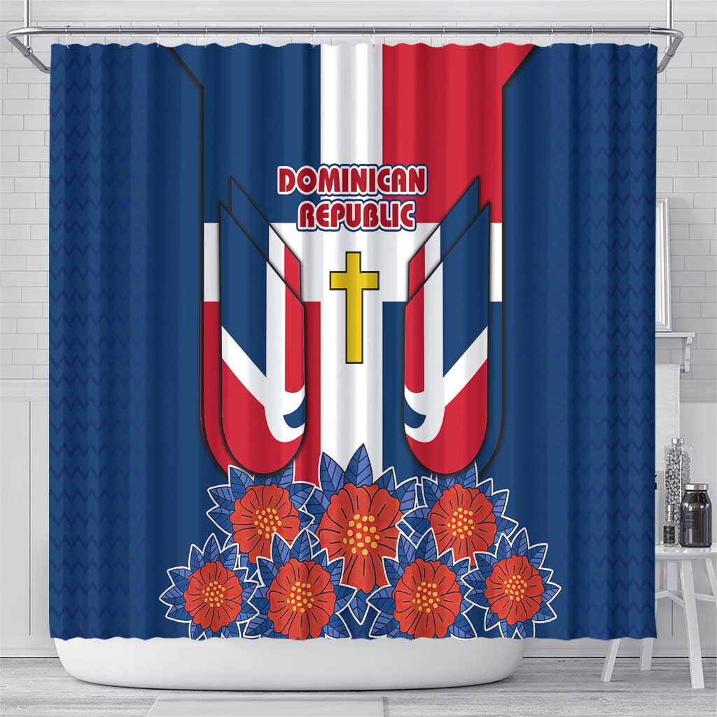 Dominican Republic Flag Shower Curtain with Cross and Floral Design Red Blue Pattern - Wonder Print Shop