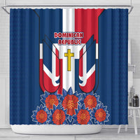 Dominican Republic Flag Shower Curtain with Cross and Floral Design Red Blue Pattern - Wonder Print Shop