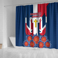 Dominican Republic Flag Shower Curtain with Cross and Floral Design Red Blue Pattern - Wonder Print Shop