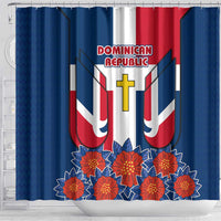 Dominican Republic Flag Shower Curtain with Cross and Floral Design Red Blue Pattern - Wonder Print Shop
