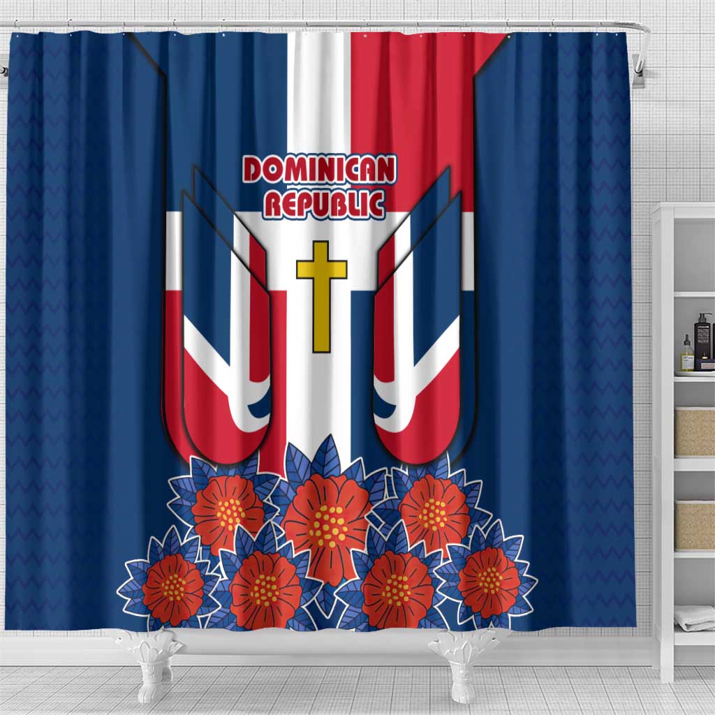 Dominican Republic Flag Shower Curtain with Cross and Floral Design Red Blue Pattern - Wonder Print Shop